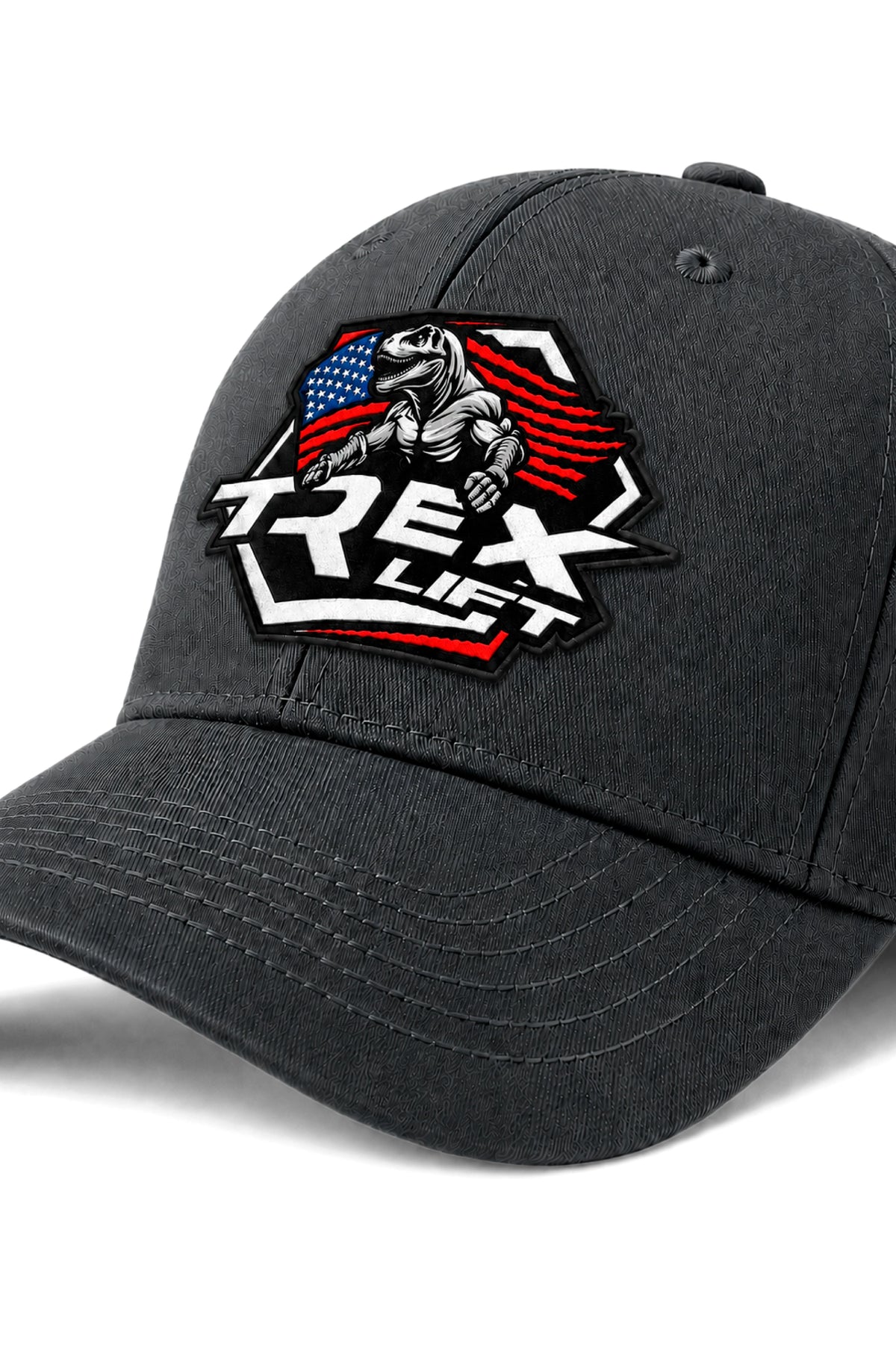 Detalhe da logo colorida frontal do Boné Dad Hat T-Rex Lift chumbo
