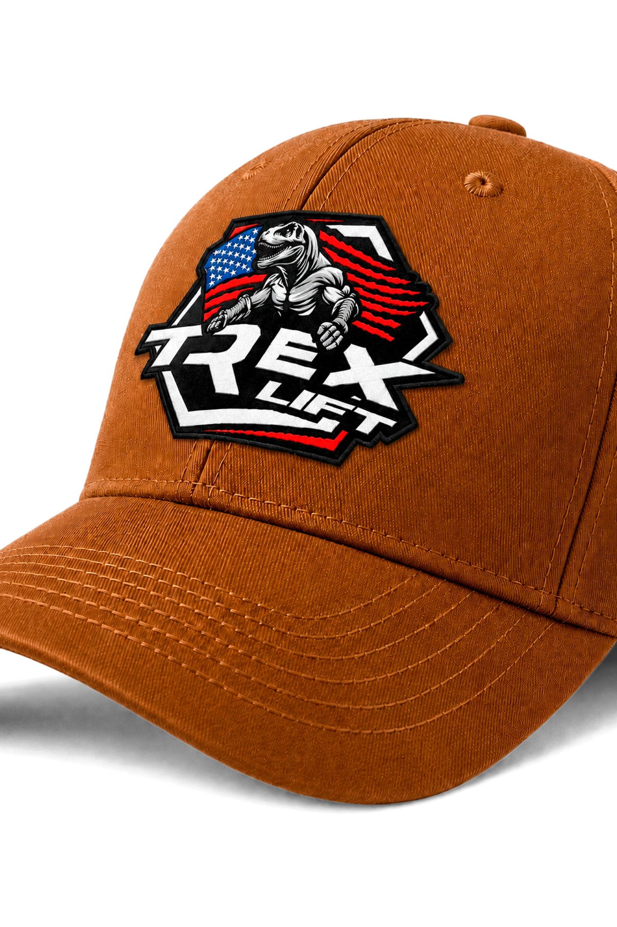 Detalhe da logo colorida frontal do Boné Dad Hat T-Rex Lift marrom