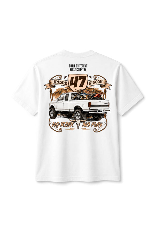 Camiseta T-Rex Lift Andre Rincon 47 branca adulto vista de costas