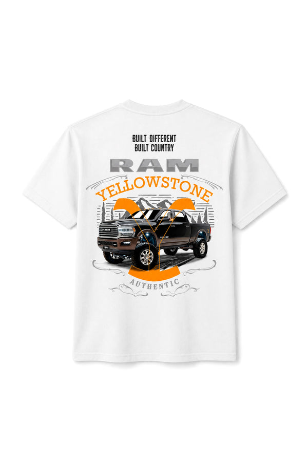 Camiseta T-Rex Lift Ram Yellowstone branca adulto vista de costas