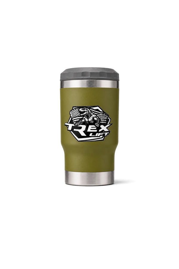 Copo Porta Long Neck T-Rex Lift verde militar 420ML totalmente fechado com as duas tampas