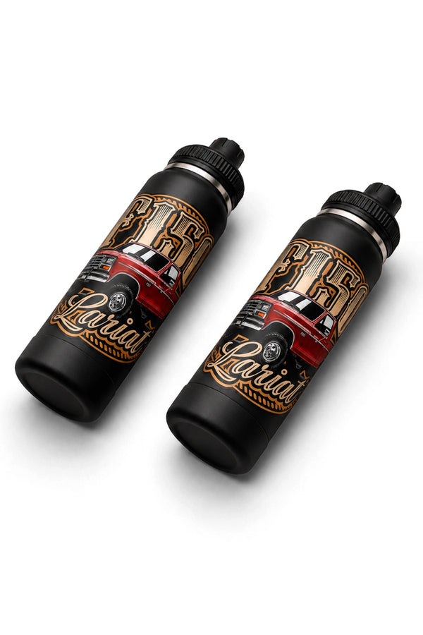 Duas Garrafas Térmicas T-Rex Lift F150 Lariat pretas 800ML posicionadas em ângulo