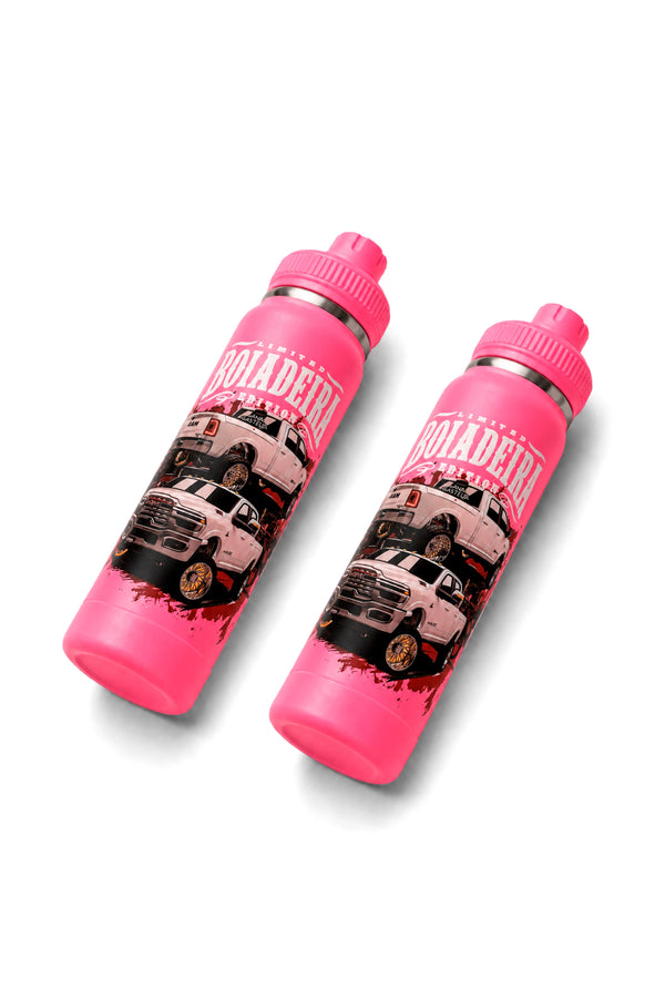 Duas Garrafas Térmicas T-Rex Lift Ram Boiadeira rosa 800ML posicionadas em ângulo