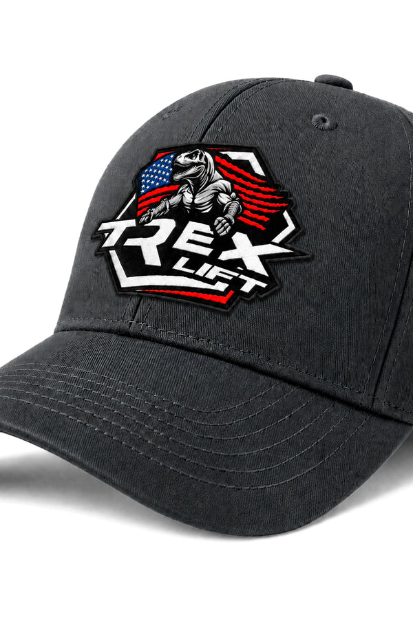 Detalhe da logo colorida frontal do Boné Dad Hat T-Rex Lift chumbo