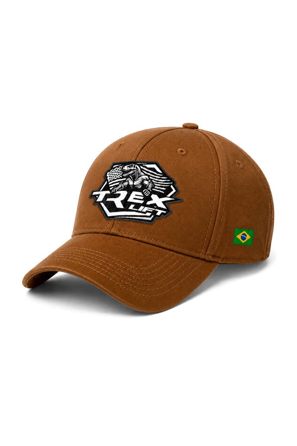 Boné Dad Hat T-Rex Lift marrom com logo preta na parte frontal
