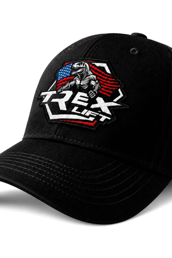 Detalhe da logo colorida frontal do Boné Dad Hat T-Rex Lift preto