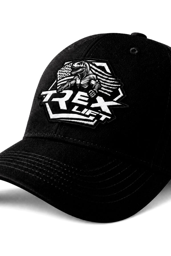 Detalhe da logo preta frontal do Boné Dad Hat T-Rex Lift preto