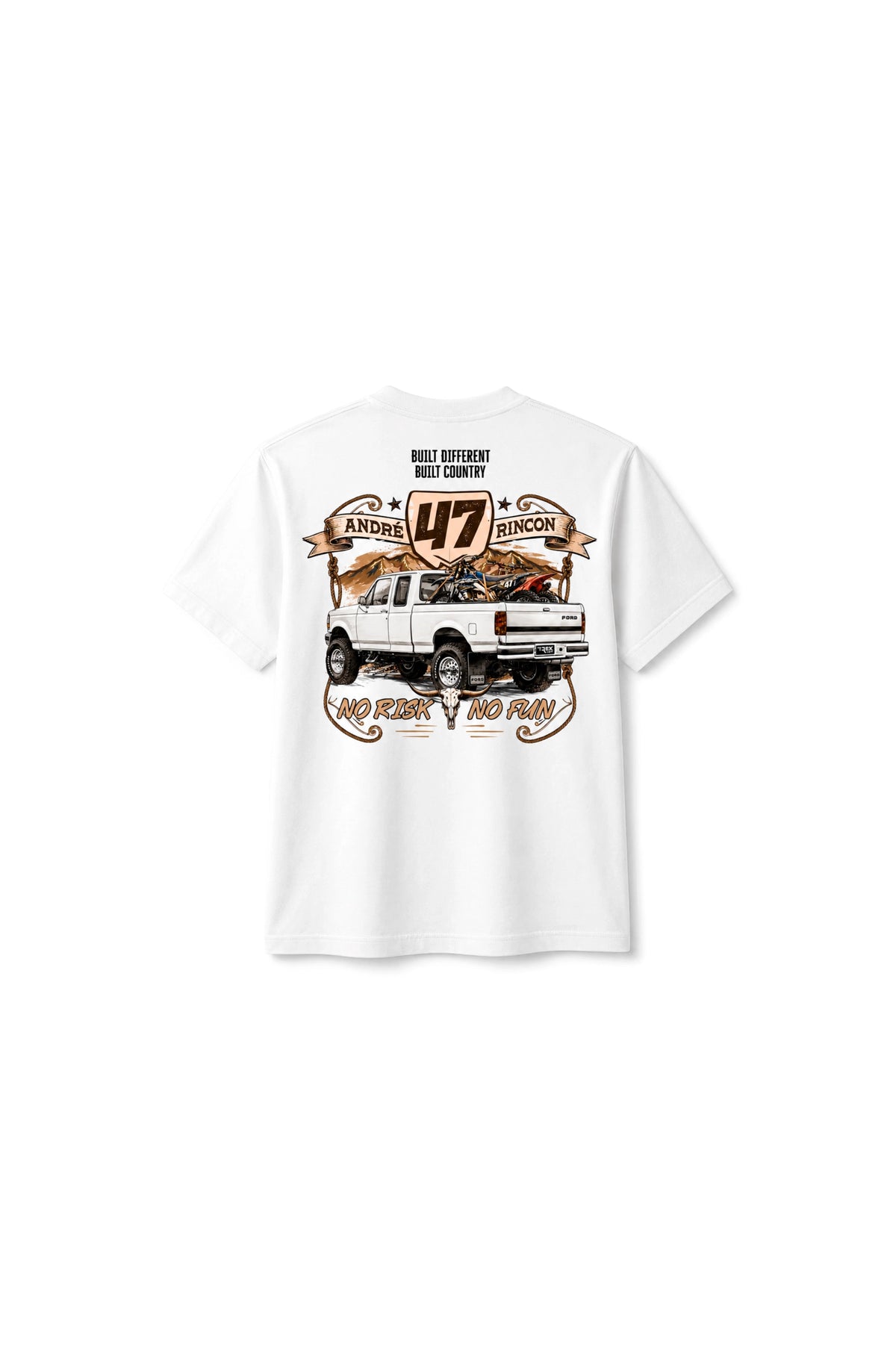 Camiseta T-Rex Lift Andre Rincon 47 branca infantil vista de costas