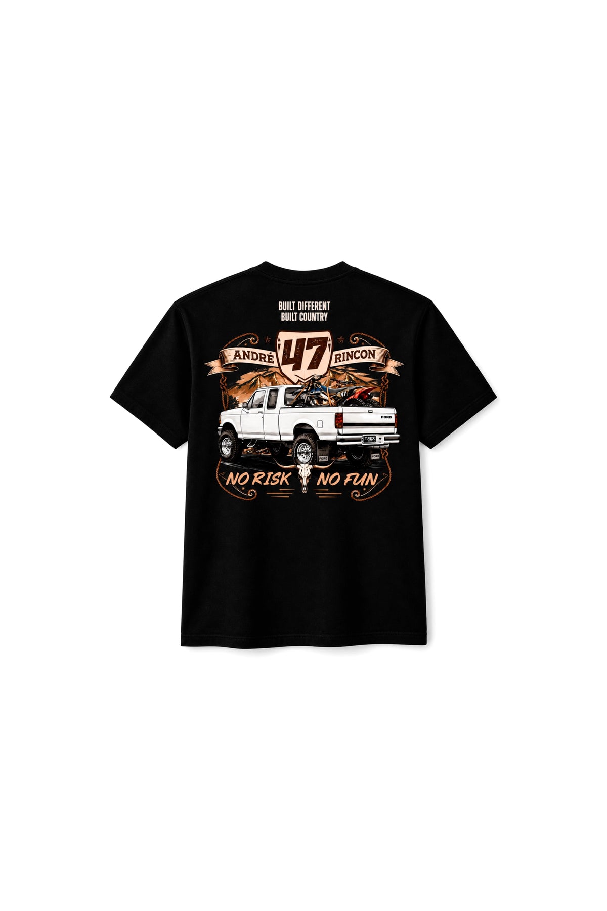Camiseta T-Rex Lift Andre Rincon 47 preta infantil vista de costas