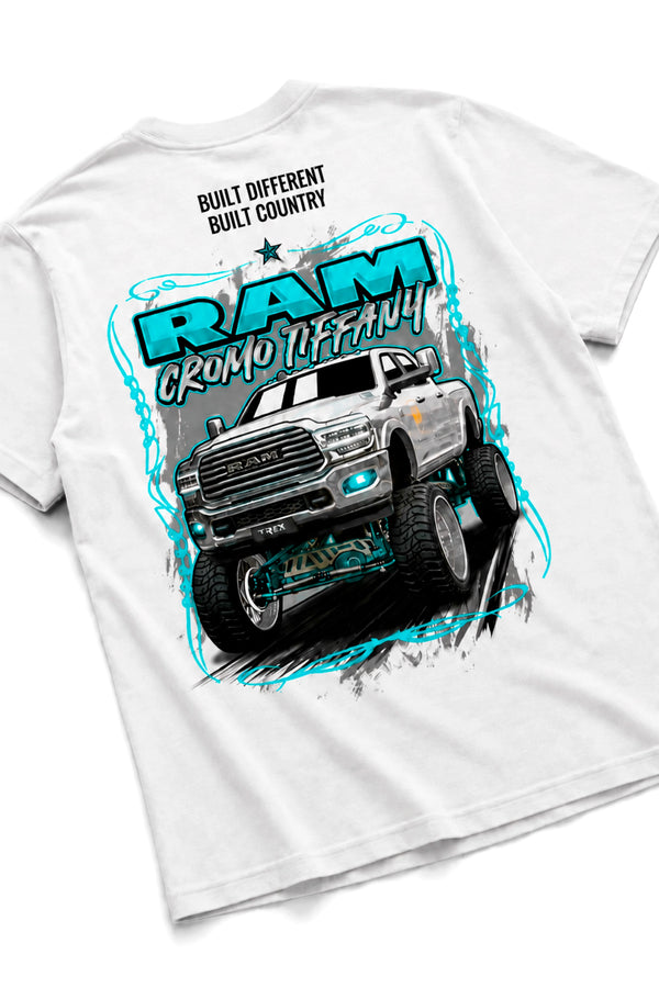 Detalhe em ângulo da estampa traseira da Camiseta T-Rex Lift Cromo Tiffany branca adulto