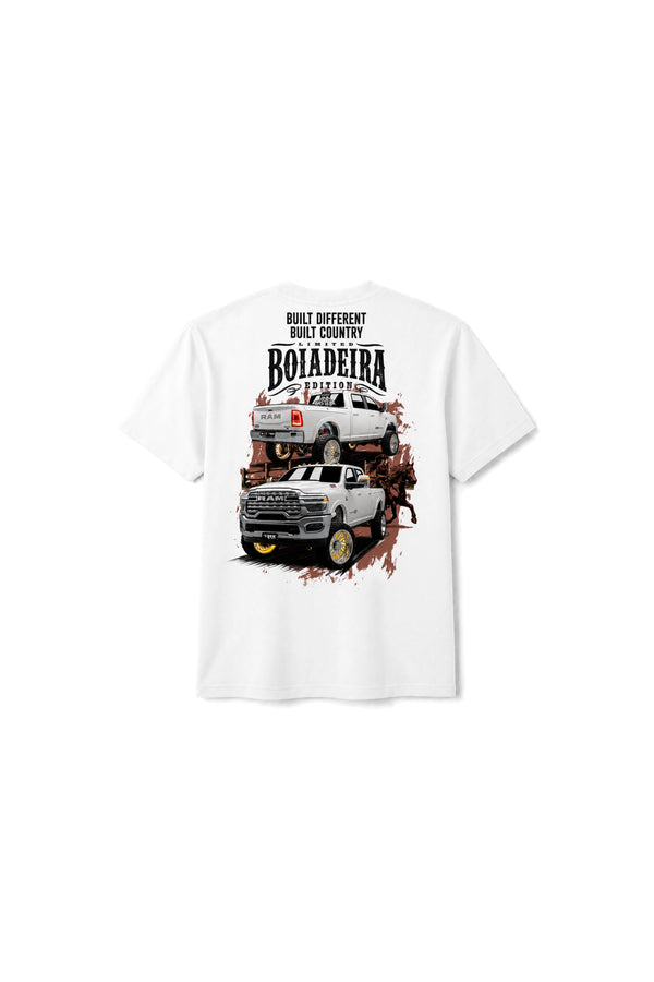 Camiseta T-Rex Lift Ram Boiadeira branca infantil vista de costas