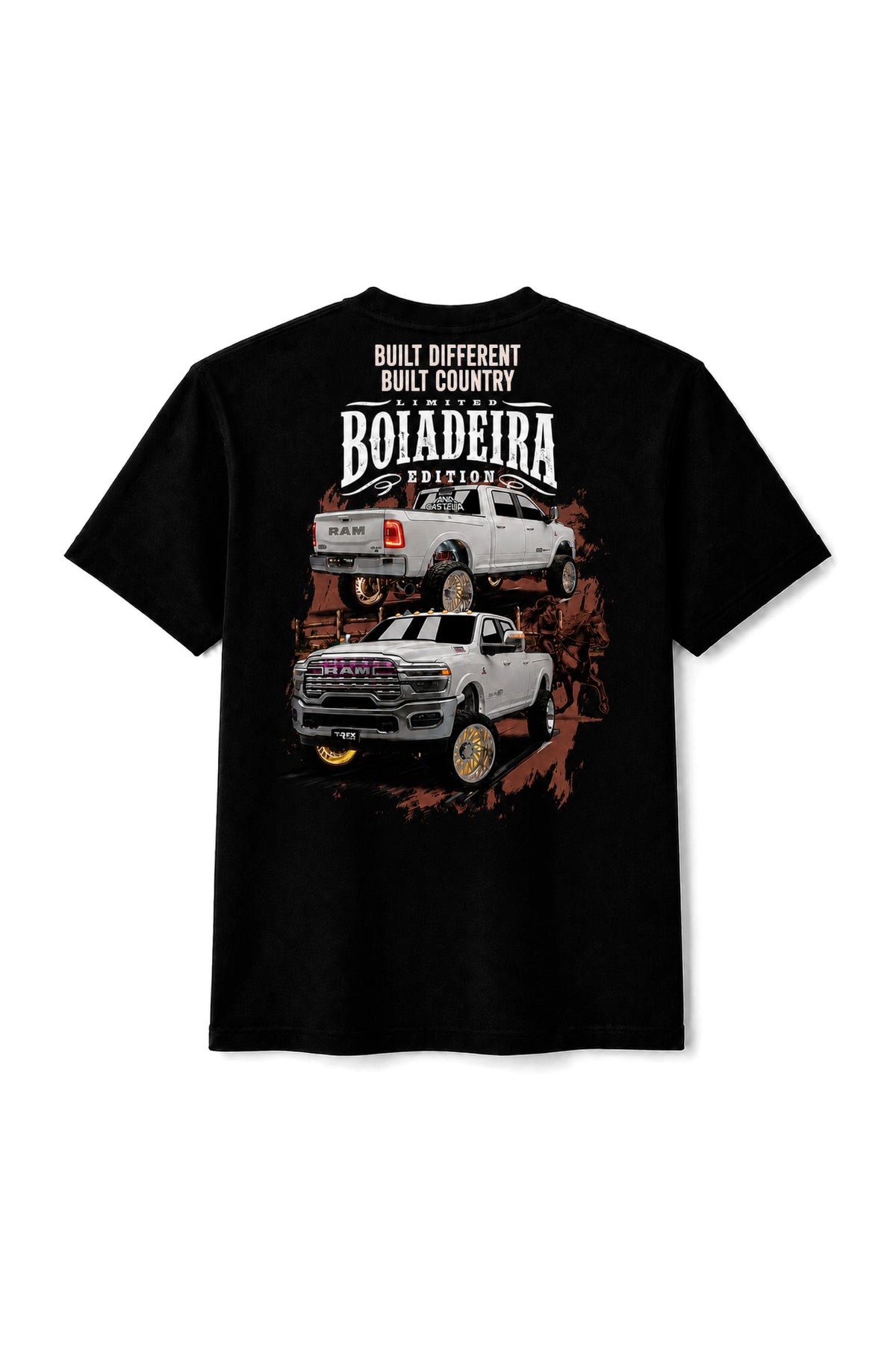 Camiseta T-Rex Lift Ram Boiadeira preta adulto vista de costas