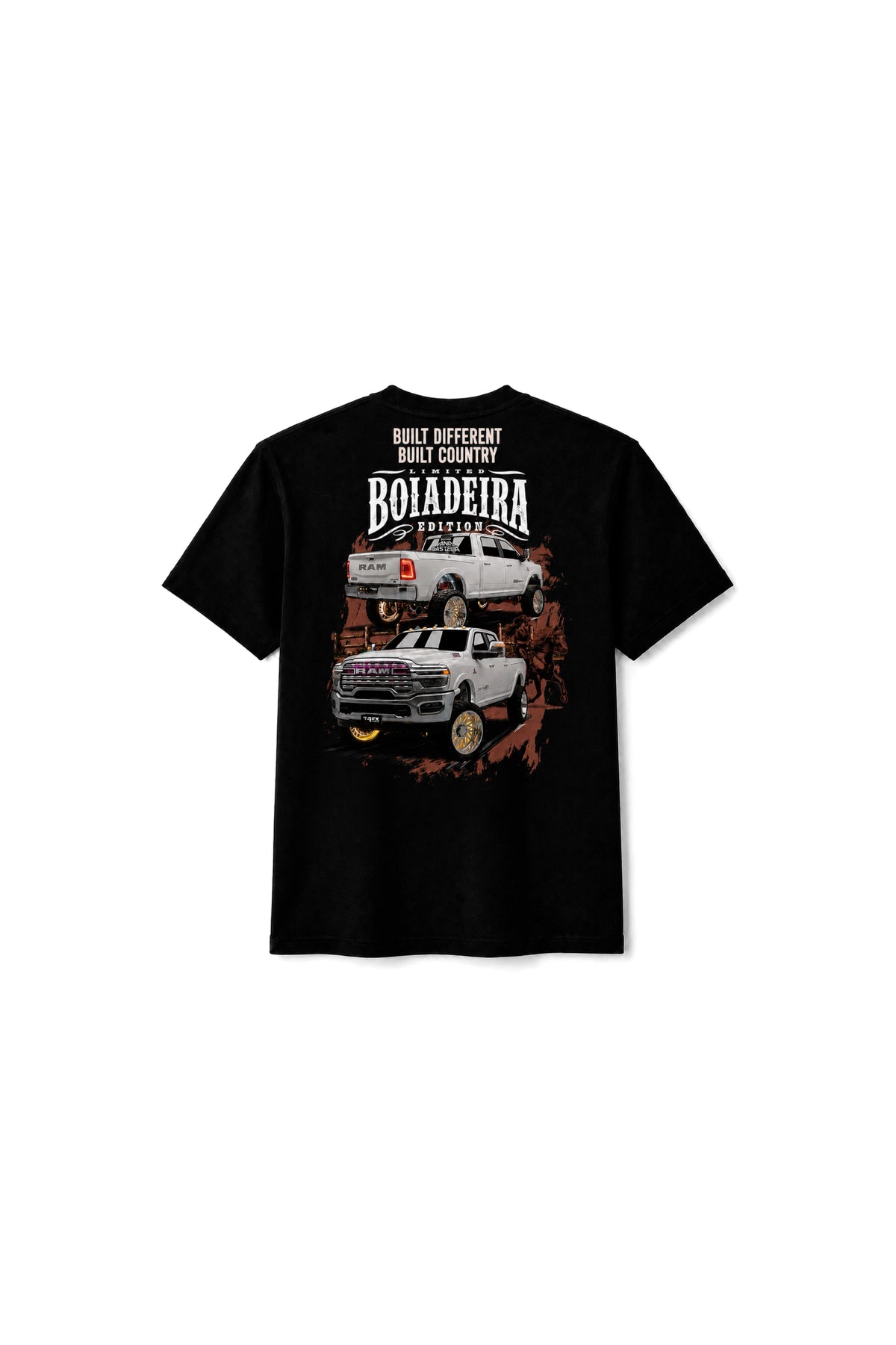 Camiseta T-Rex Lift Ram Boiadeira preta infantil vista de costas