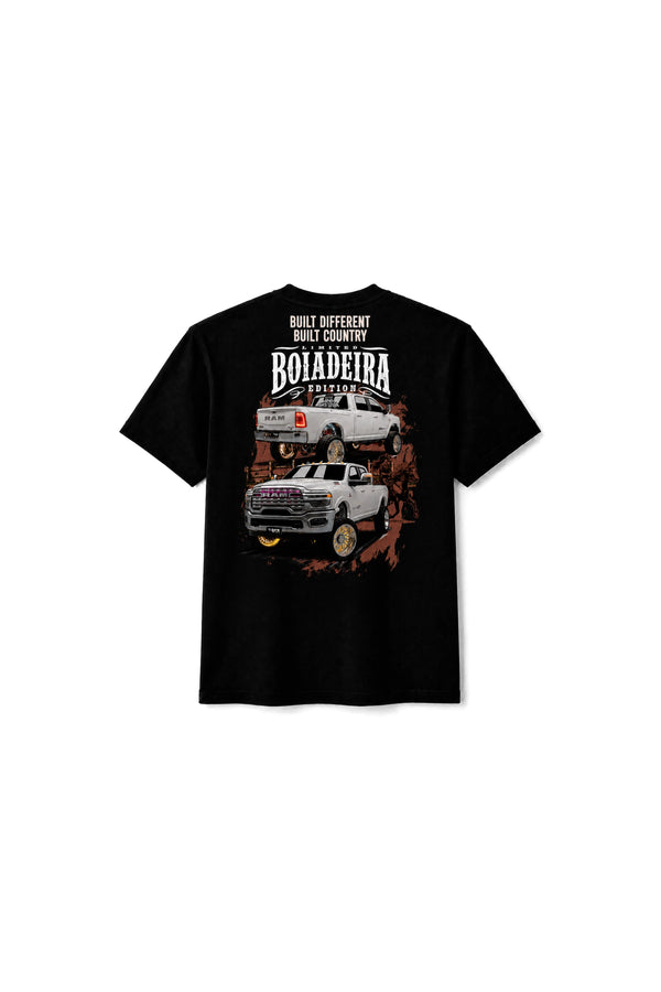 Camiseta T-Rex Lift Ram Boiadeira preta infantil vista de costas