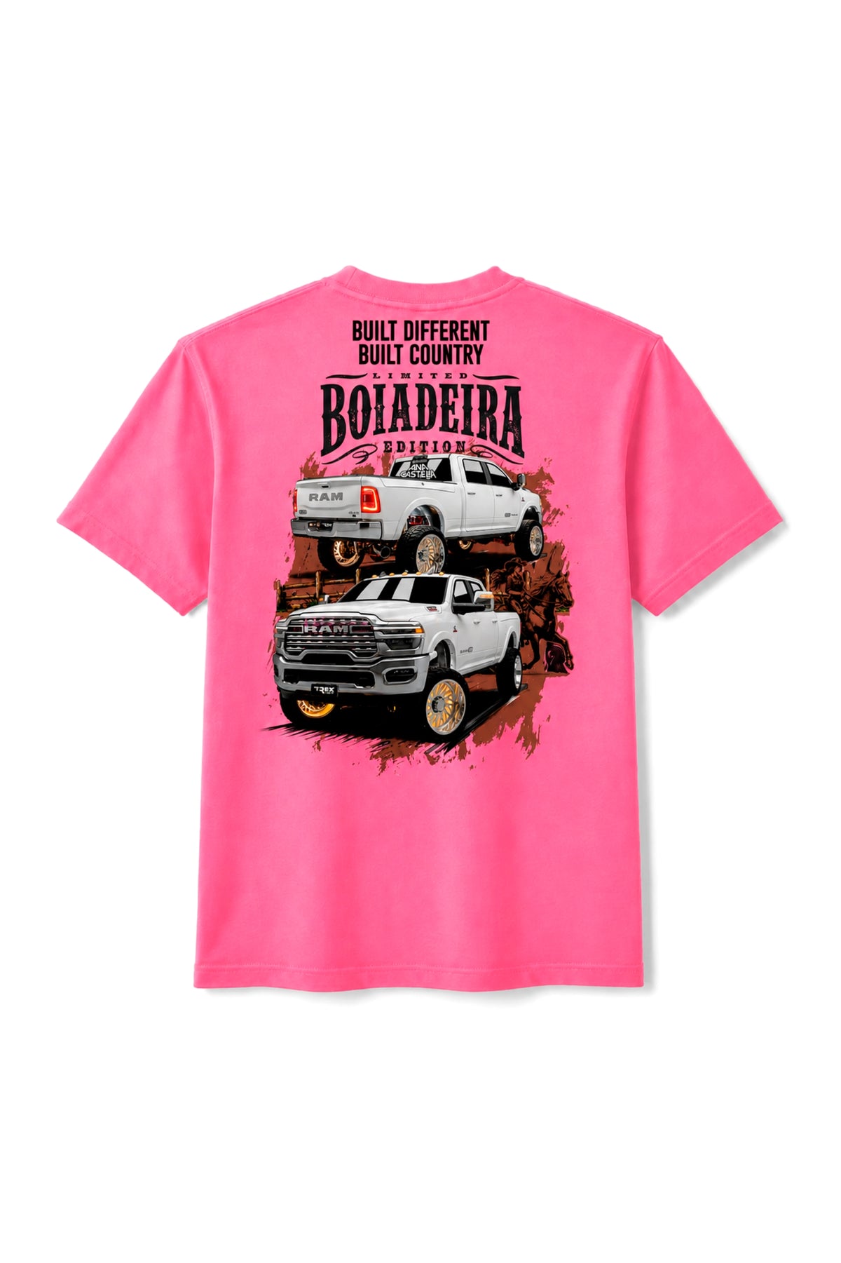 Camiseta T-Rex Lift Ram Boiadeira rosa adulto vista de costas