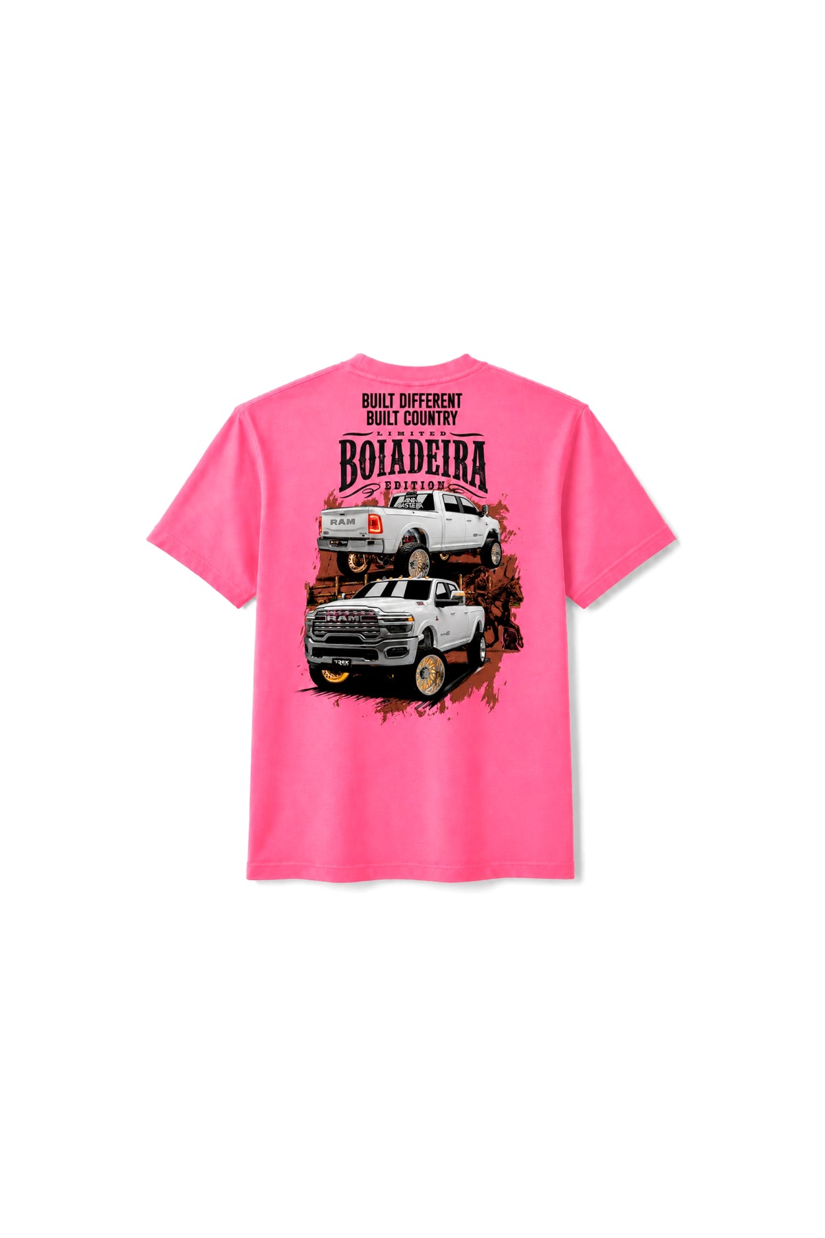 Camiseta T-Rex Lift Ram Boiadeira rosa infantil vista de costas