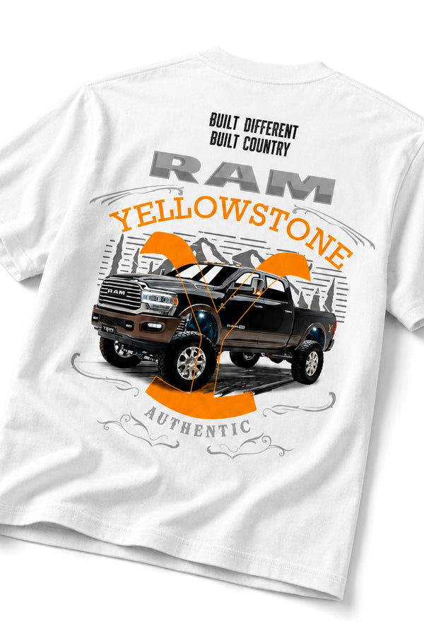 Detalhe em ângulo da estampa traseira da Camiseta T-Rex Lift Ram Yellowstone branca adulto