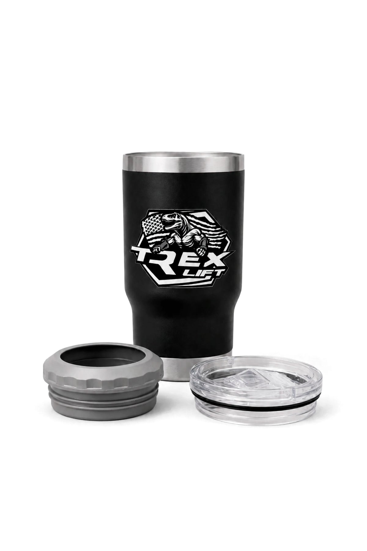 Copo Porta Long Neck T-Rex Lift preto 420ML com as duas tampas removidas