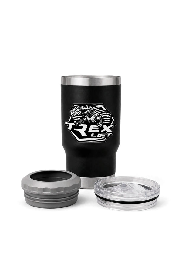 Copo Porta Long Neck T-Rex Lift preto 420ML com as duas tampas removidas