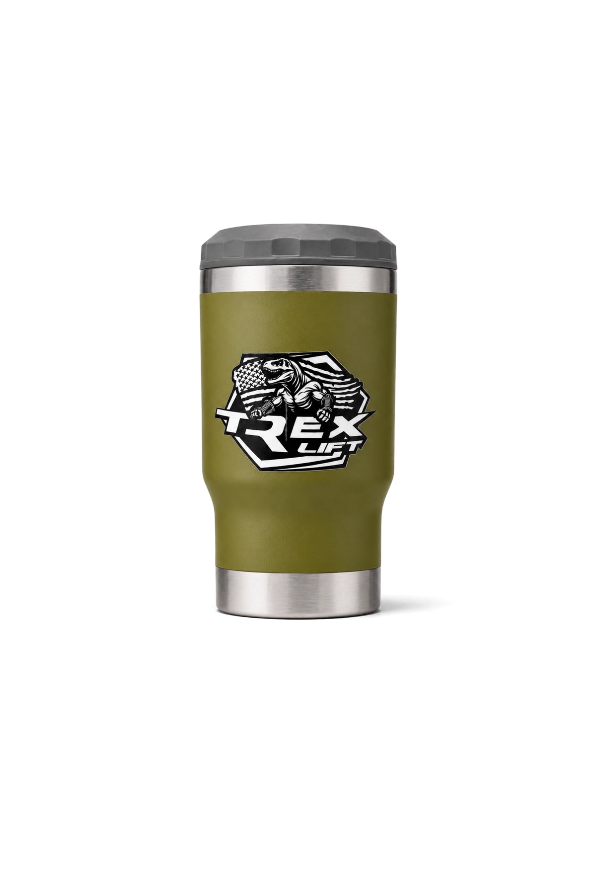 Copo Porta Long Neck T-Rex Lift verde militar 420ML totalmente fechado com as duas tampas