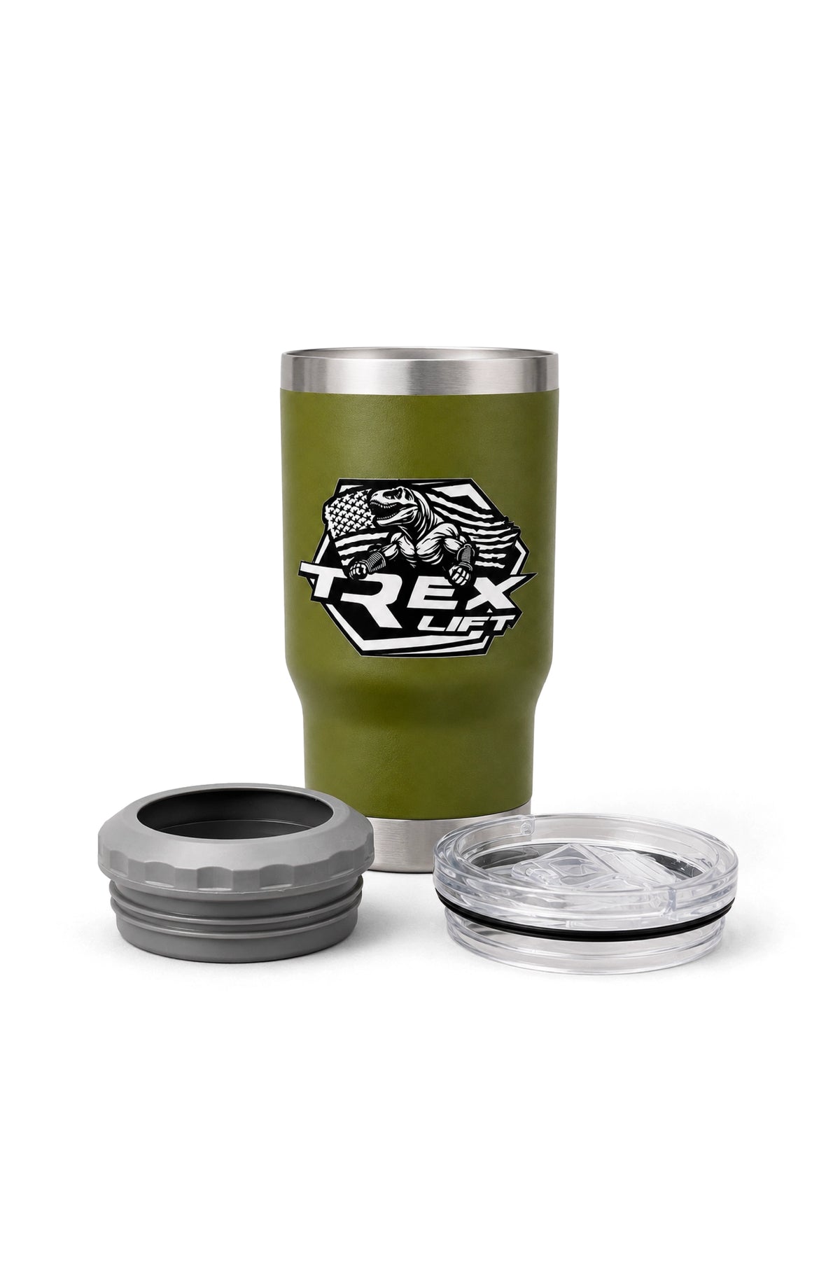 Copo Porta Long Neck T-Rex Lift verde militar 420ML com as duas tampas removidas