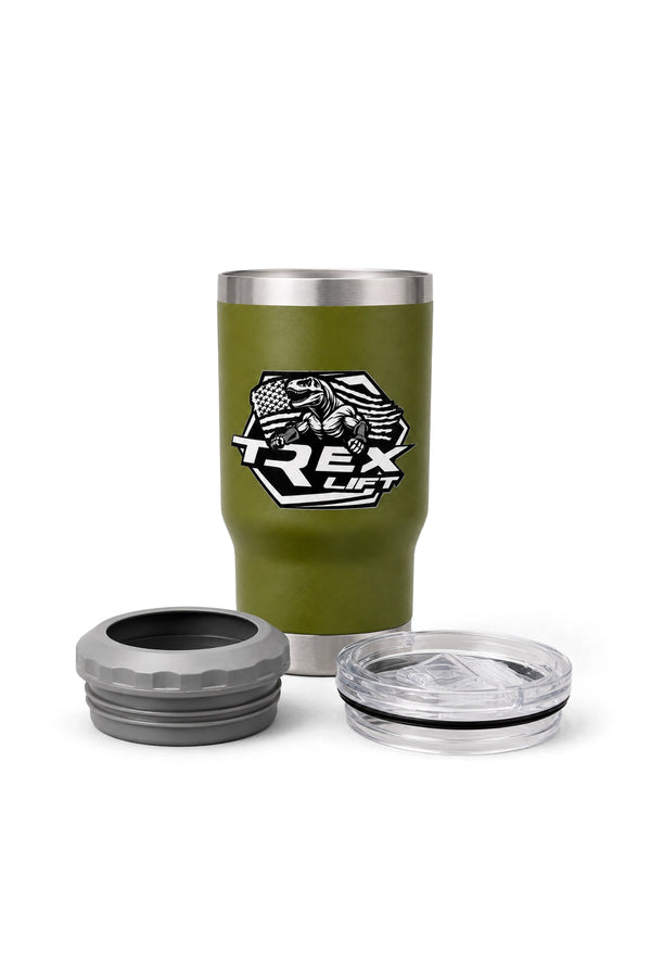 Copo Porta Long Neck T-Rex Lift verde militar 420ML com as duas tampas removidas