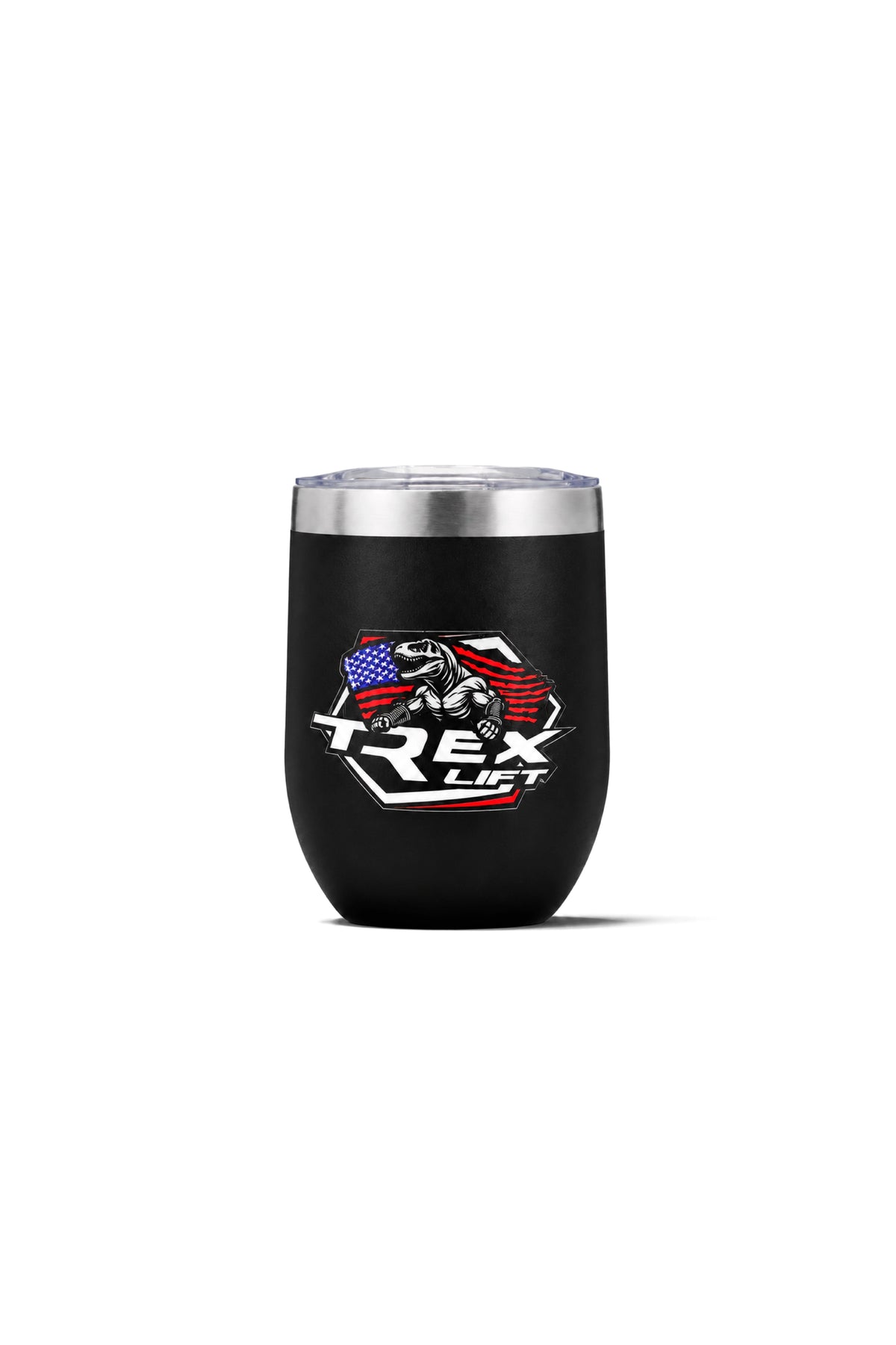Copo Térmico T-Rex Lift com Tampa preto logo colorida 360ML visto de frente