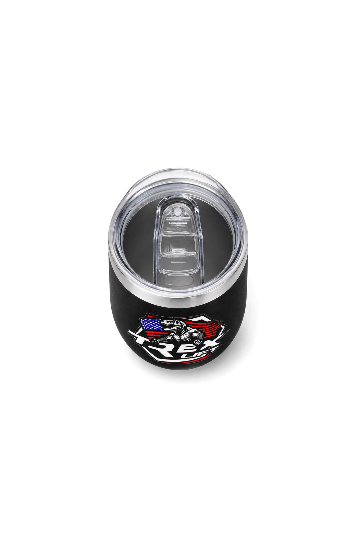 Vista superior do Copo Térmico T-Rex Lift com Tampa preto logo colorida 360ML