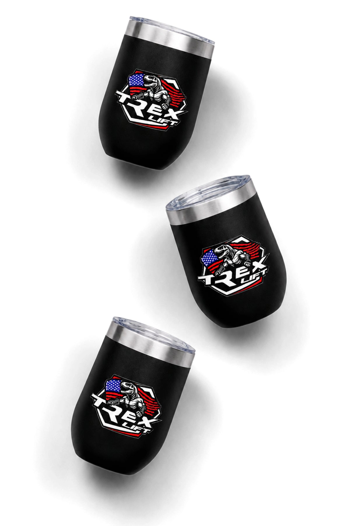 Três Copos Térmicos T-Rex Lift com Tampa pretos logo colorida 360ML posicionados em ângulo