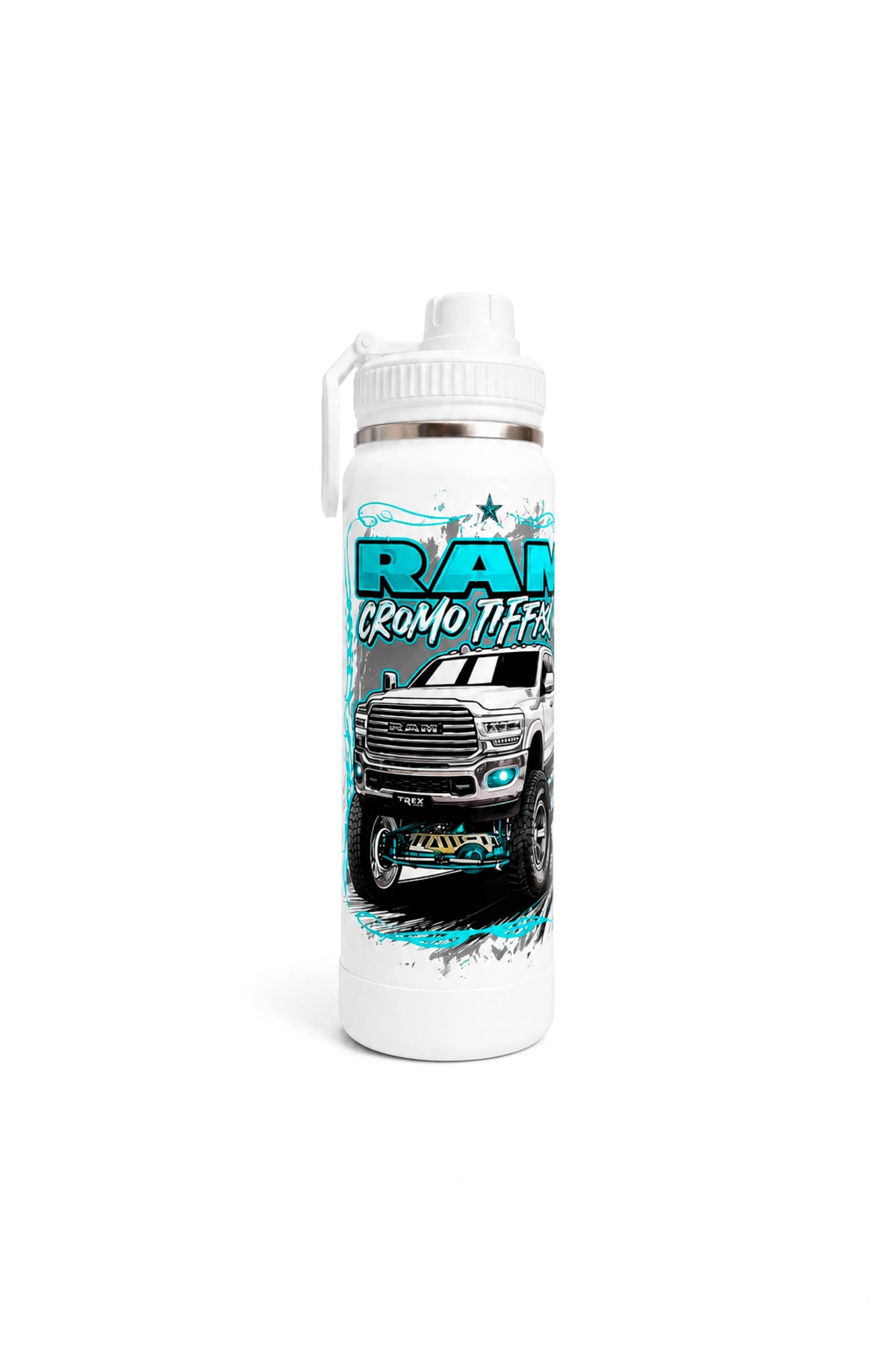 Lateral esquerda da Garrafa Térmica T-Rex Lift Cromo Tiffany branca 800ML