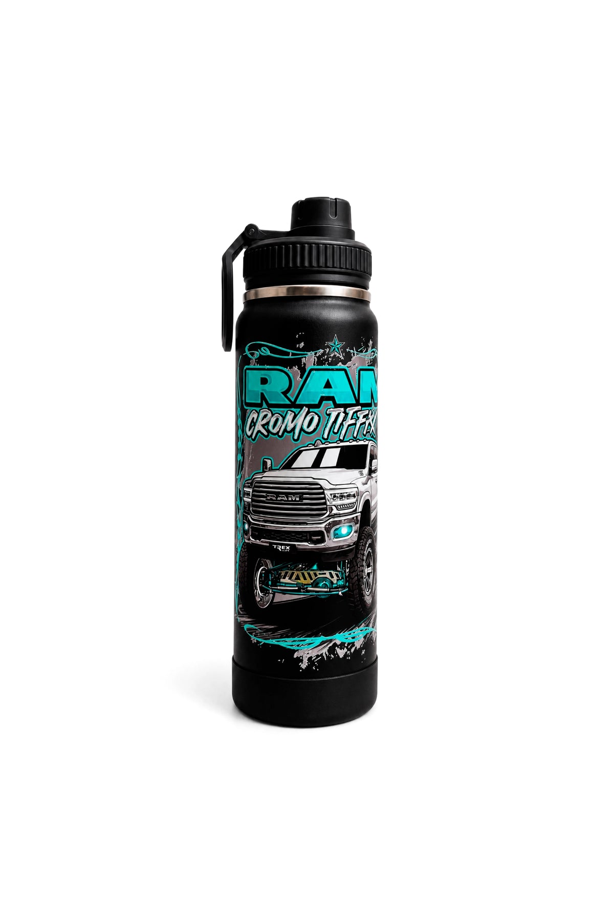 Lateral esquerda da Garrafa Térmica T-Rex Lift Cromo Tiffany preta 800ML