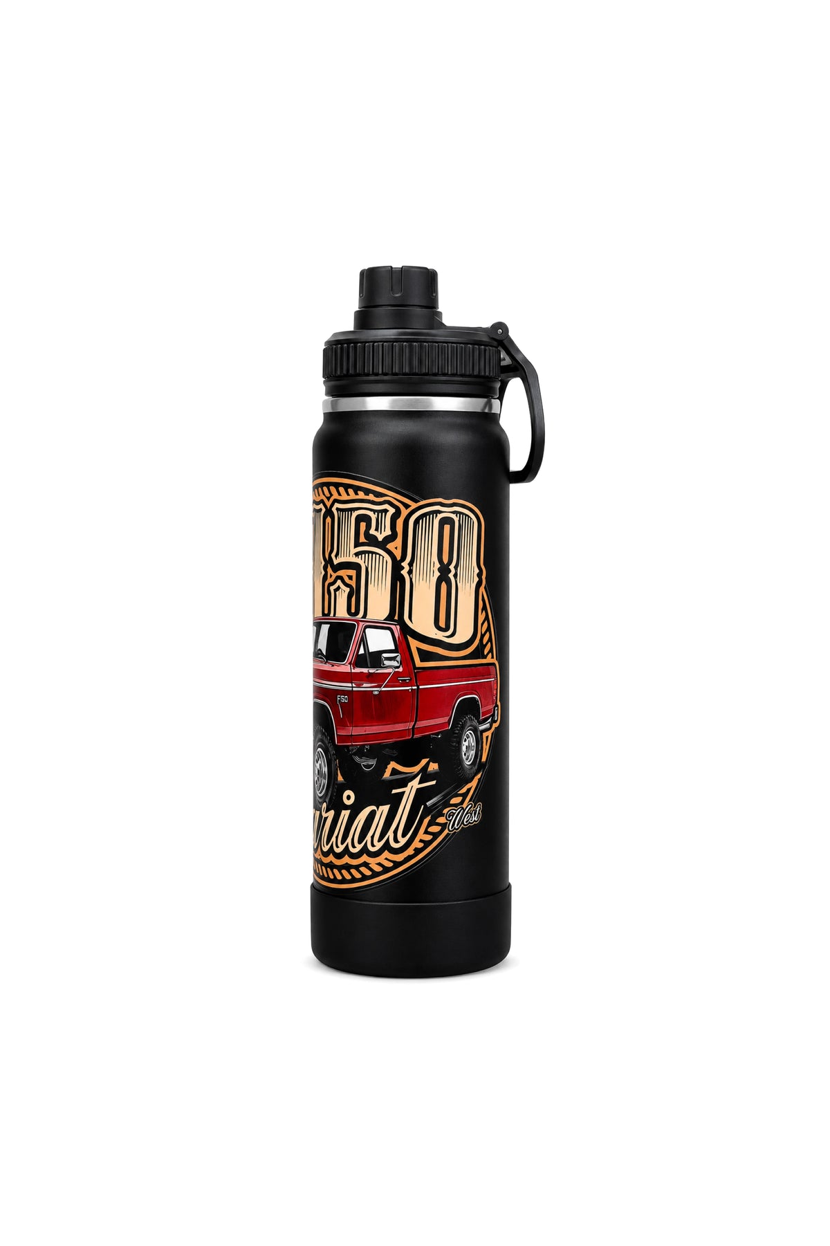 Lateral esquerda da Garrafa Térmica T-Rex Lift F150 Lariat preta 800ML