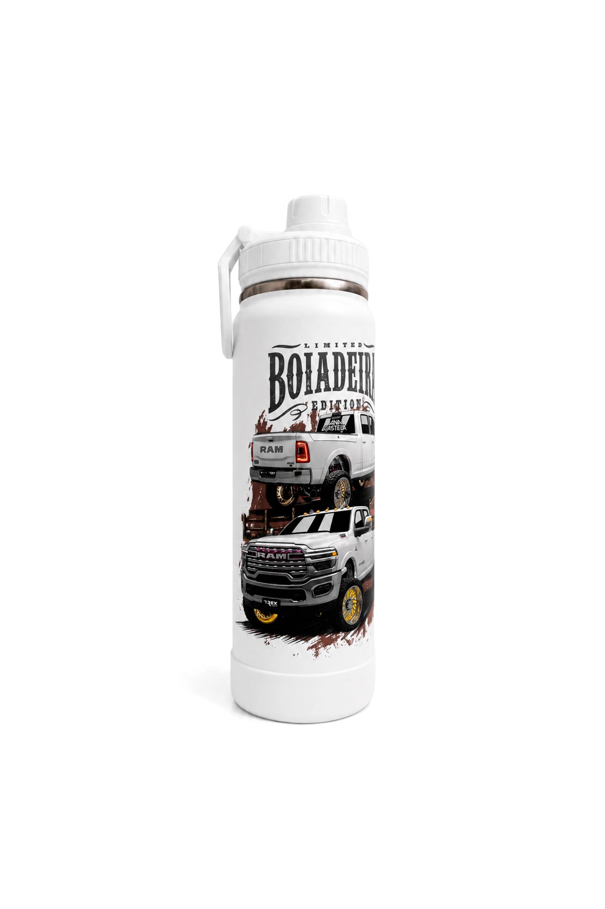 Lateral esquerda da Garrafa Térmica T-Rex Lift Ram Boiadeira branca 800ML