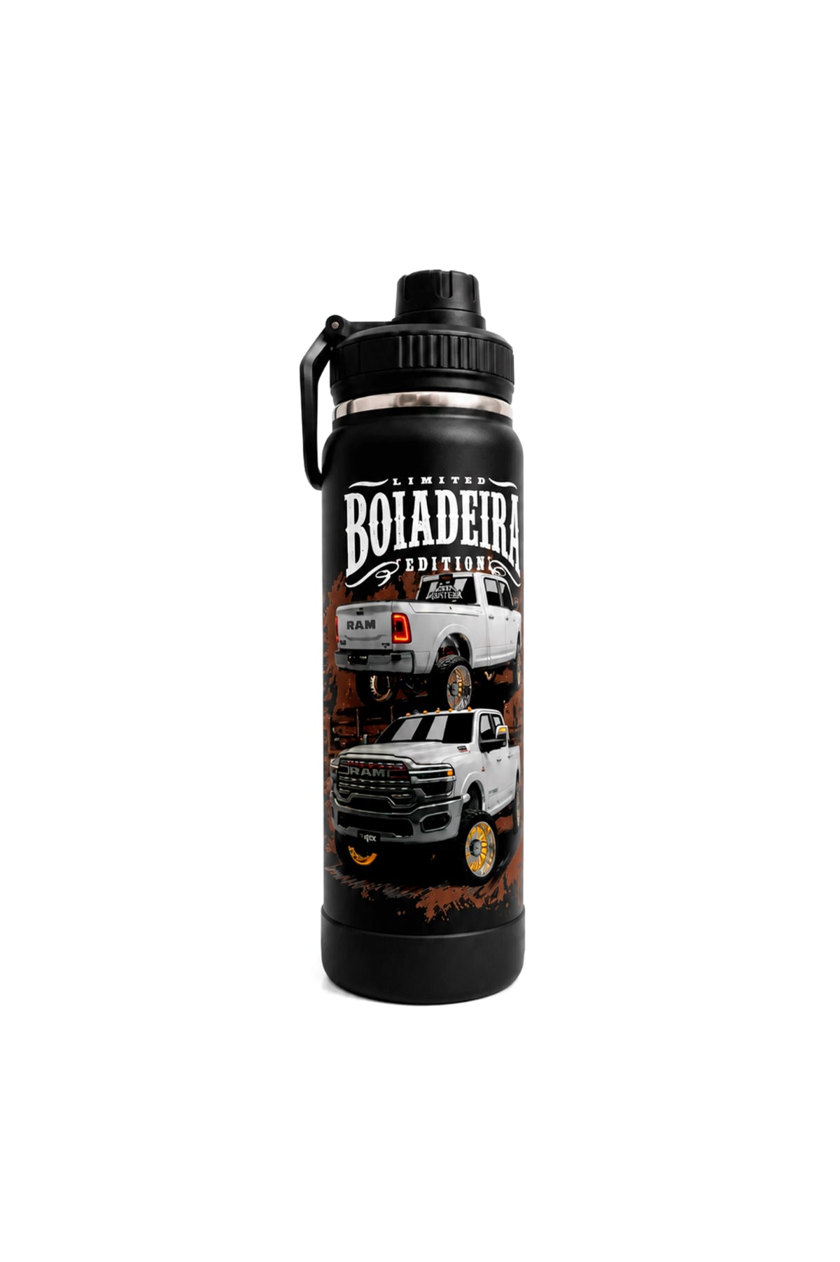Lateral esquerda da Garrafa Térmica T-Rex Lift Ram Boiadeira preta 800ML