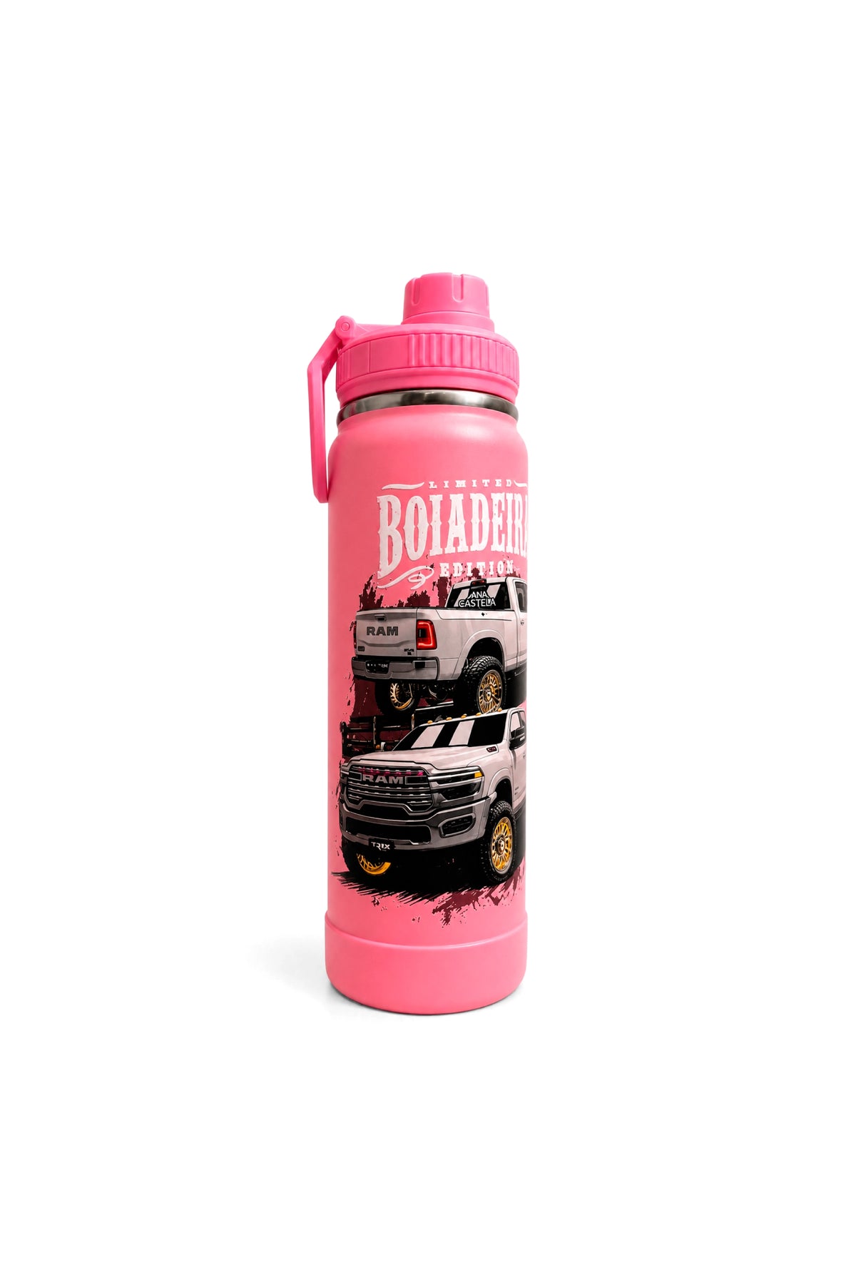 Lateral esquerda da Garrafa Térmica T-Rex Lift Ram Boiadeira rosa 800ML