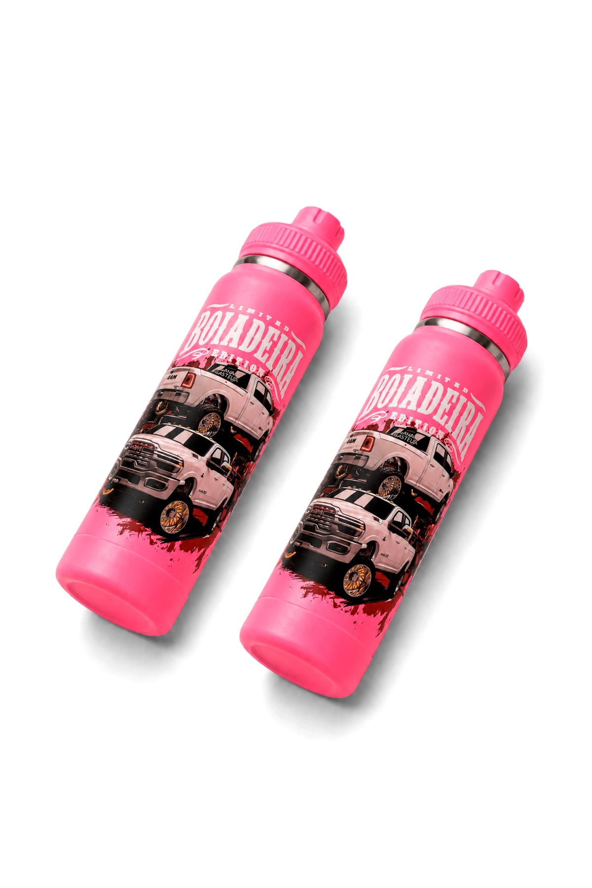 Duas Garrafas Térmicas T-Rex Lift Ram Boiadeira rosa 800ML posicionadas em ângulo