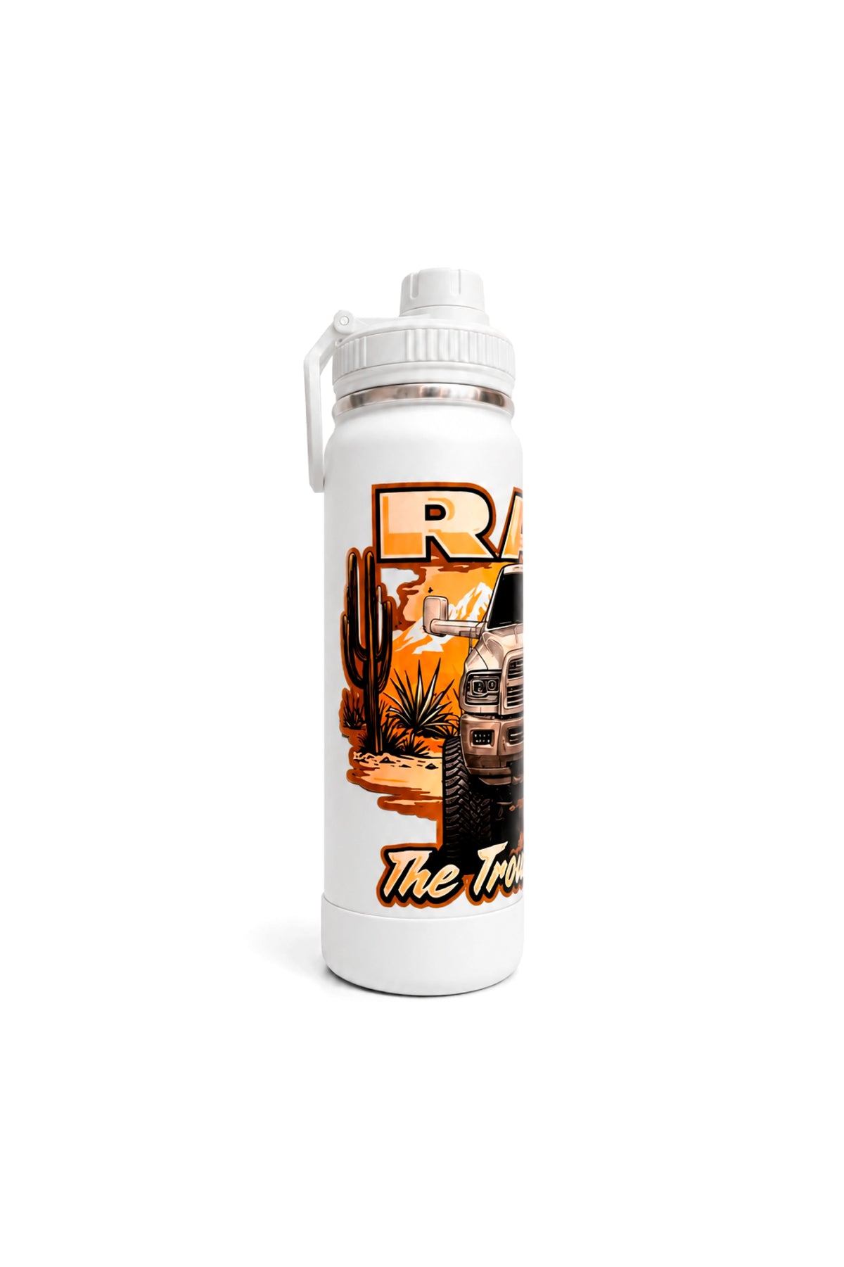 Lateral esquerda da Garrafa Térmica T-Rex Lift Ram CS branca 800ML
