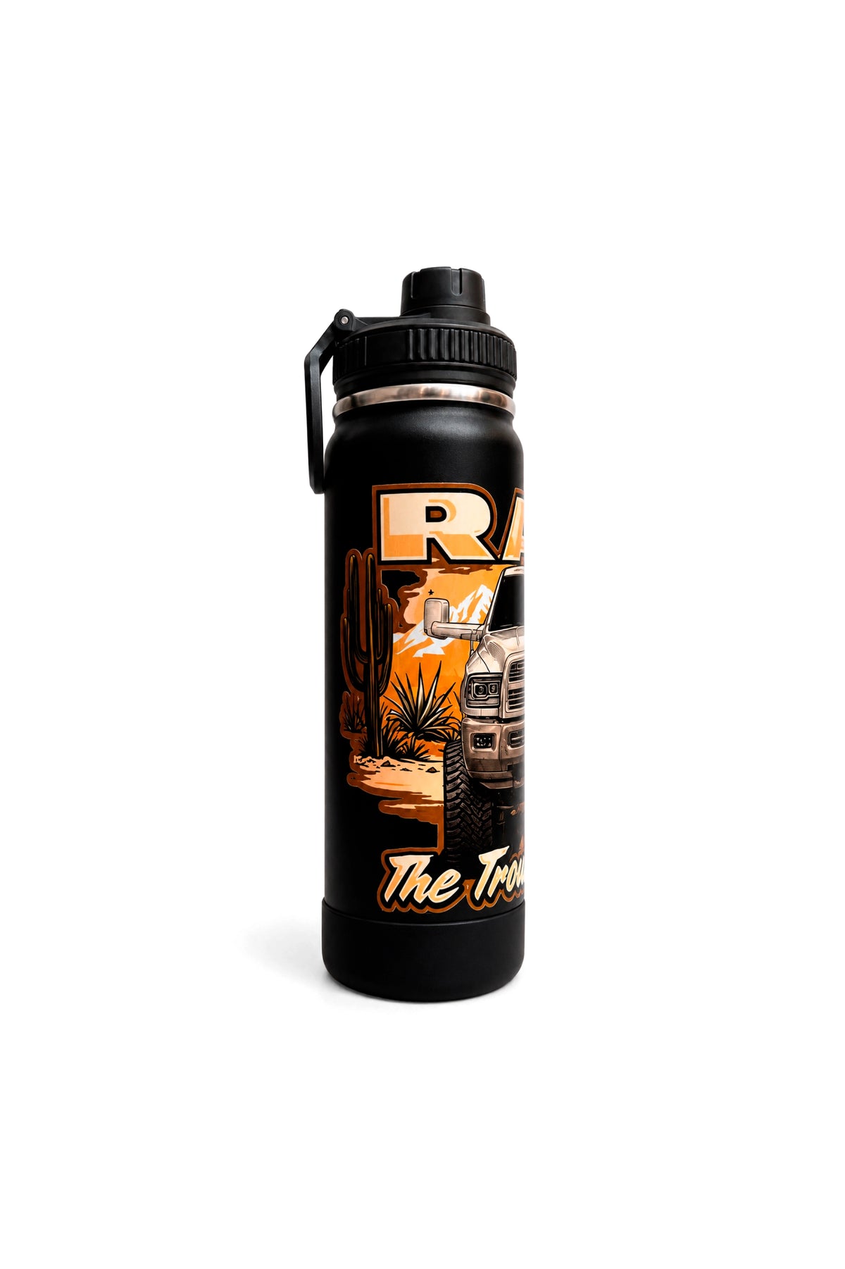 Lateral esquerda da Garrafa Térmica T-Rex Lift Ram CS preta 800ML