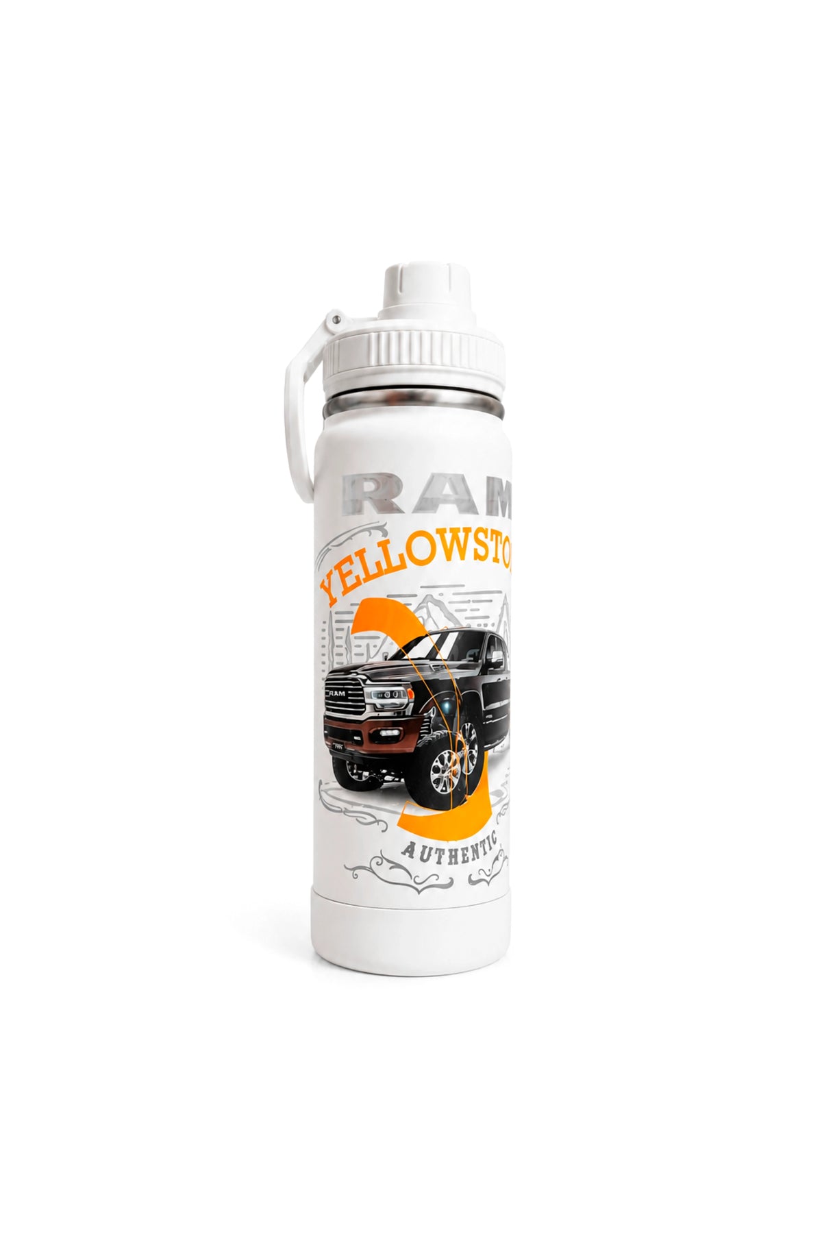Lateral esquerda da Garrafa Térmica T-Rex Lift Ram Yellowstone branca 800ML