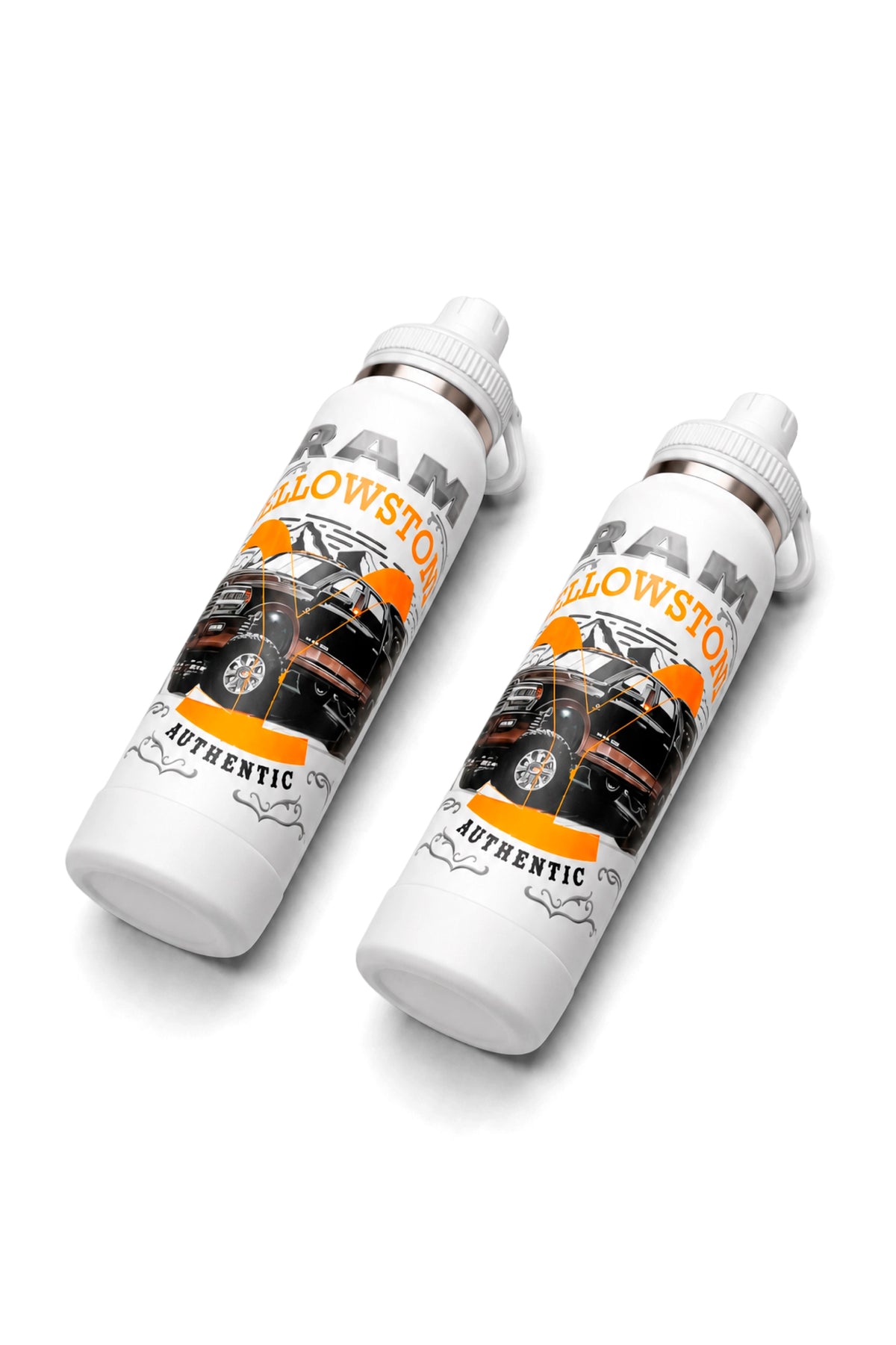 Duas Garrafas Térmicas T-Rex Lift Ram Yellowstone brancas 800ML posicionadas em ângulo
