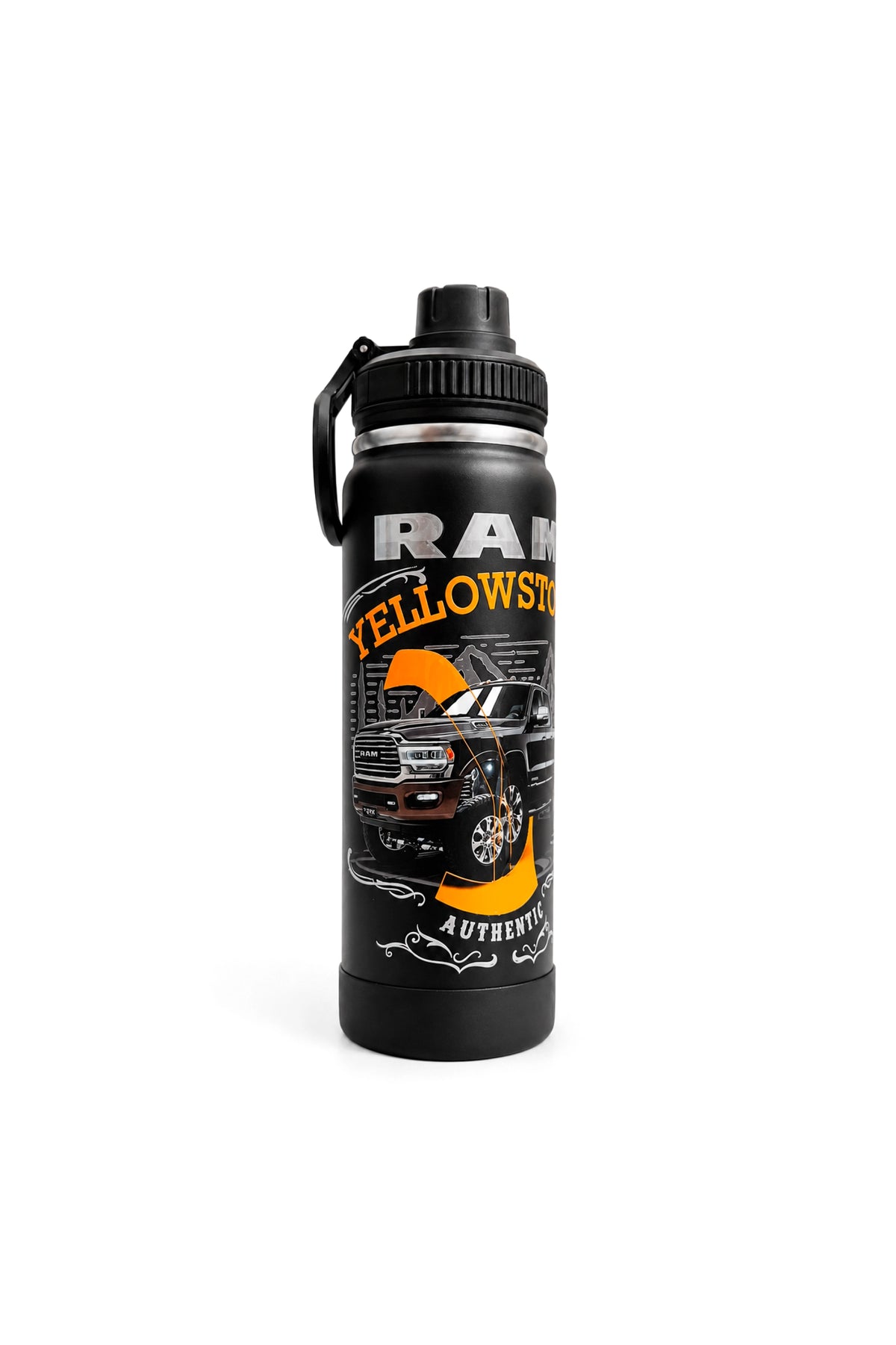 Lateral esquerda da Garrafa Térmica T-Rex Lift Ram Yellowstone preta 800ML