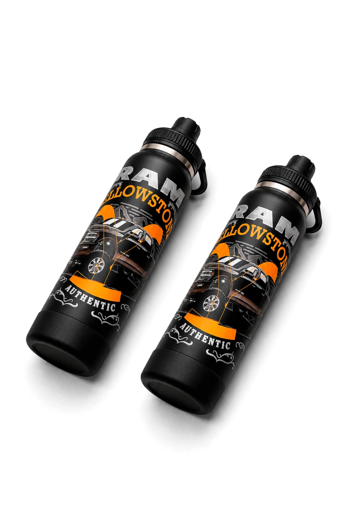 Duas Garrafas Térmicas T-Rex Lift Ram Yellowstone pretas 800ML posicionadas em ângulo